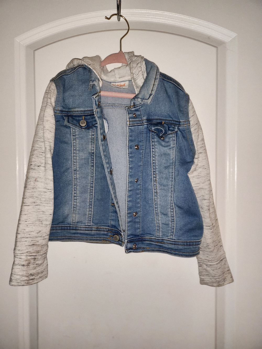 Kids' Light Wash Denim Jacket with Heather Gray Hoodie Sleeves